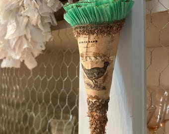 Vintage French Paper Tussie Mussie Cone Ornament, Antique George Sand Literary Ephemera Decor, Mint Green Crepe Paper Trim Hanging Basket