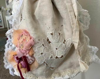 Vintage linen Boho shabby chic drawstring, shoulder bag/ shabby chic bags