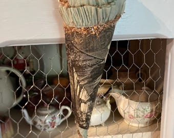 Vintage Crepe Paper Sage Green Flower Cone, French Paper Wall Pocket Door Hanger