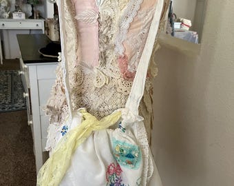 Vintage linen Boho shabby chic drawstring, shoulder bag/ shabby chic bags