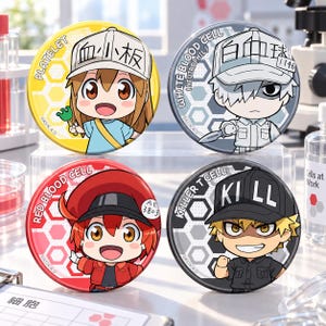 May include: Four circular pin-back buttons featuring Cells at Work anime characters. The yellow button shows a Platelet, the gray button a White Blood Cell, the red button a Red Blood Cell, and the black button a Killer T Cell with the text KILL.