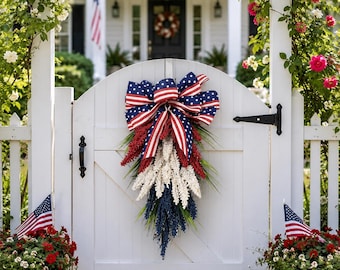 Patriotic Door Swag, American Flag Bow, Red White Blue Floral Porch Decoration