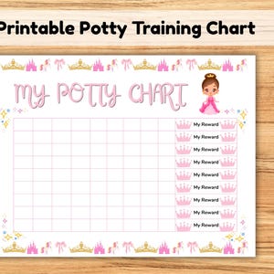 Könnte beinhalten: Ein druckbares Töpfchentrainings-Diagramm mit dem Text My Potty Chart, einer Cartoon-Prinzessin und einem Raster mit Zeilen, die als My Reward beschriftet sind. Der Rand zeigt goldene Kronen, rosa Schlösser, Einhörner und Schleifen.