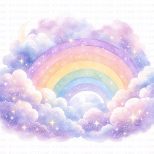 Watercolor Rainbow Clipart, Clouds, Stars, Pastel Sky (Digital Download)