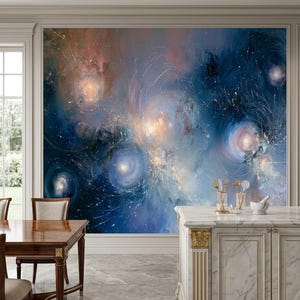 May include: A large-scale wall mural featuring an abstract cosmic scene with swirling deep blue, indigo, and soft peach tones. The design includes bright, glowing circular light centers and fine white splatters that mimic a starry galaxy.