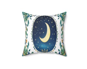 Art Nouveau Celestial Throw Pillow, Gold Leaf Moon & Stars, Bring Midnight Magic Indoors