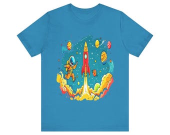 Cartoon Astronaut Rocket T-Shirt, Bold Space Adventure Design, Blast Off to Fun