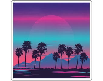 Vaporwave Sunset Vinyl Sticker, Retro 80s Neon Palm Silhouette, Chase Outrun Dreams