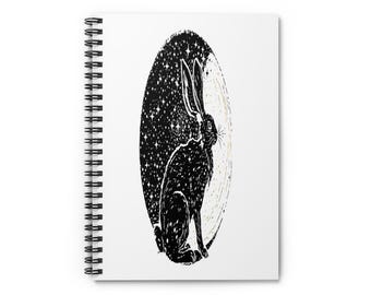 Linocut Celestial Rabbit Spiral Notebook, Witchy Moon Hare Journal, Dark Moody Stationery