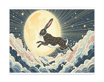 Hokusai-Inspired Celestial Rabbit Canvas Print, Framed Witchy Moon Hare Wall Art
