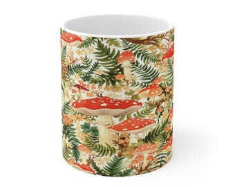 Cottagecore Mushroom Coffee Mug, Hand-Drawn Forest Botanicals, Start Your Morning with Forest Magic