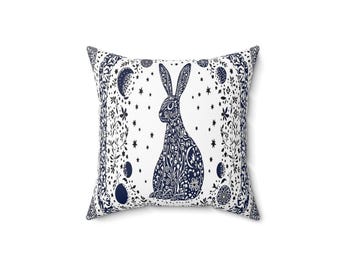 Folk Art Celestial Hare Throw Pillow, Woodland Rabbit & Stars, Cozy Witchy Home Decor