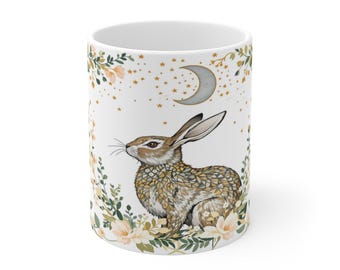 Witchy Celestial Rabbit Coffee Mug, Mystical Moon Hare, Cottagecore Morning Magic