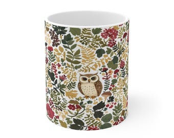 Cottagecore Owl & Moonlight Mug, William Morris Botanical Pattern, Cozy Night Ritual Coffee Cup