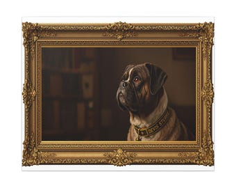 Dark Academia Pet Portrait Canvas, Moody Oil Painting Style, Vintage Library Aesthetic