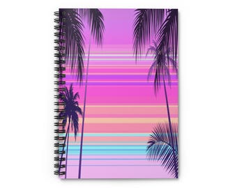 Vaporwave Spiral Notebook, Neon Sunset Palm Silhouettes, Aesthetic Study Journal