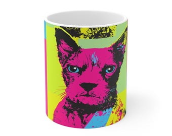 Pop Art Pet Portrait Mug, Custom Dog Cat Design, Bold Warhol-Style Colors