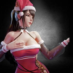 以下が含まれることがあります： 赤いドレスとサンタ帽をかぶった女性のフィギュア。ドレスは白いフェイクファーのトリムと金のアクセントが付いています。白いリボンが付いた黒いチョーカーを着用しています。背景はグレーと黒のグラデーションです。