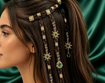 Gold Emerald Sun Dreadlock Charms, Bohemian Braids Hair Cuffs, Witchy Elf Jewelry