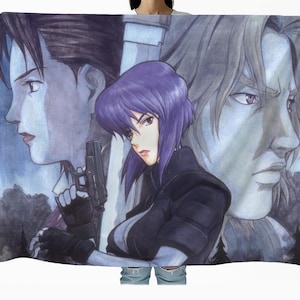 May include: A rectangular fabric wall hanging featuring a detailed anime-style illustration of three characters. A central figure with short purple hair holds a black handgun, flanked by two larger, faded portraits of a man and a woman in blue-toned hues.