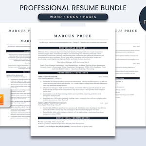 Può includere: Un pacchetto di curriculum vitae professionali con il testo "Professional Resume Bundle" in alto. Il modello di curriculum è bianco con intestazioni blu scuro e include il testo "Marcus Price". Il pacchetto è modificabile in Word, Docs e Pages.