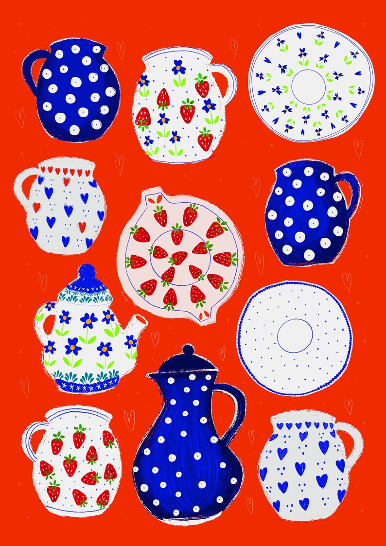 Boleslawiec Pottery Art Print, Great Decor Art for your Kitchen Wall, A3 Illustrated Art image 2