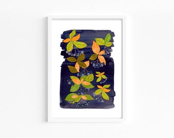ARONIA - A4 Art Print, Autumn Inspired Wall Art, Illustration, Chokeberry Art, Foraging Botanical print, sustainable artwork