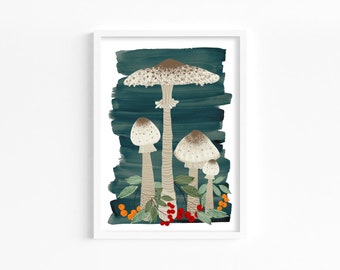PARASOL - A4 Art Print, Autumn Inspired Wall Art, Signed Botanical print, Mushroom illustration, Foraging kitchen art