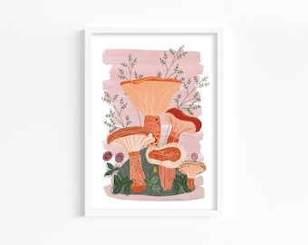 RED PINE MUSHROOM- A4 Art Print, Autumn Inspired Wall Art, Signed Botanical print, Mushroom illustration, Foraging kitchen art, Rydz