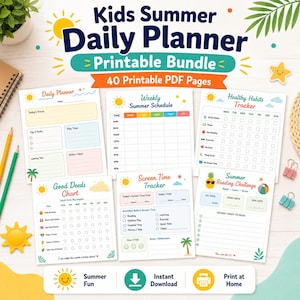 Könnte beinhalten: Ein Kids Summer Daily Planner druckbares Set mit 40 PDF-Seiten. Die Sammlung enthält einen Tagesplaner, einen wöchentlichen Sommerplan, einen Tracker für gesunde Gewohnheiten, eine Tabelle für gute Taten sowie einen Bildschirmzeit-Tracker.