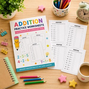 Könnte beinhalten: Ein Arbeitsheft mit dem Titel Addition Practice Worksheets for Kindergarten, 1st Grade & 2nd Grade, das einen gezeichneten Bleistift, bunte Matheaufgaben und Sternsymbole zeigt. Lose Additionsblätter liegen neben einem Spiralnotizbuch.