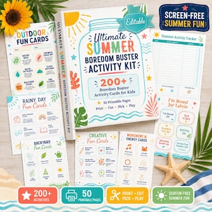 Op de afbeelding: Een printbare activiteitenkit genaamd Ultimate Summer Boredom Buster Activity Kit met meer dan 200 activiteitenkaarten, een zomeractiviteitentracker en potlabels. De kit bevat diverse kleurrijke pagina's met thema's zoals buitenactiviteiten, regenachtige dagen, achtertuin, creativiteit en bewegingskaarten.