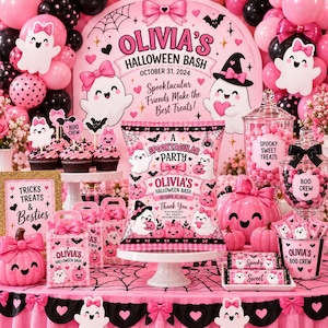 Könnte beinhalten: Eine rosa-schwarze Halloween-Partydekoration mit einer personalisierten Chipstüte, Cupcakes mit Geister-Toppern, rosa Kürbissen und Süßigkeitengläsern. Die Artikel sind mit Geisterillustrationen, Schleifen und dem Text Olivia's Halloween Bash verziert.