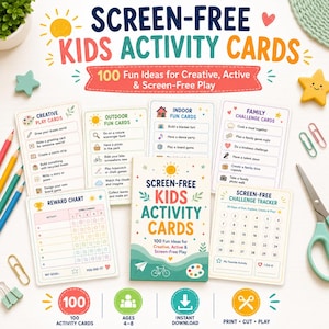 Screen-Free Summer Printable Kit for Kids| Activity Planner| Screen Time Tracker|Boredom Buster Cards + Challenge PDF