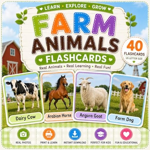 Könnte beinhalten: Ein Set aus 40 Lernkarten im US-Letter-Format mit echten Fotos einer Milchkuh, eines Araberpferdes, einer Angoraziege und eines Hofhundes. Der Text auf den Karten lautet Learn Explore Grow Farm Animals Flashcards.