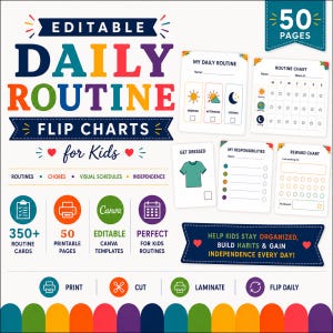 Könnte beinhalten: Ein bearbeitbares Tagesablauf-Flipchart-Set für Kinder mit 50 druckbaren Seiten und über 350 Routinekarten. Das Design enthält farbigen Text, Symbole und Vorlagen für Morgen-, Nachmittags- und Abendpläne, Verantwortlichkeiten und Belohnungstabellen.