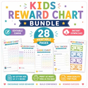 Könnte beinhalten: Ein digitales Belohnungsplan-Set für Kinder mit 28 druckbaren Seiten im A4-Format. Das Paket enthält Belohnungspläne, Verhaltenspläne, Aufgabenpläne, Zielverfolger und Belohnungsgutscheine mit farbigem Text und Symbolen auf weißem Grund.