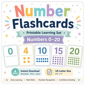 Peut inclure: Un ensemble de cartes mémoire numériques imprimables pour les nombres 0 à 20, avec des chiffres colorés et des points correspondants sur des cartes blanches. Le design inclut le texte Number Flashcards, Printable Learning Set et US Letter Size 8.5" x 11".