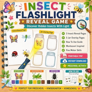 Insect Flashlight Reveal Game Printable | Bug Hunt Sensory Activity for Kids | Toddler Flashlight Play PDF | Preschool Ages 3-7