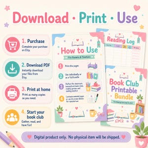 Könnte beinhalten: Ein farbenfrohes druckbares Bundle für Buchclubs, mit einem Leseprotokoll und unterhaltsamen Aktivitäten. Das Bild enthält Anweisungen: auf Etsy kaufen, PDF herunterladen, zu Hause drucken und einen Buchclub gründen. Der Text lautet "Download, Print, Use".