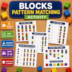 Puede incluir: Un conjunto de actividades imprimibles de emparejamiento de patrones de bloques con varias hojas de trabajo con ilustraciones de torres de bloques coloridas, ejercicios de emparejamiento y desafíos de patrones. Incluye etiquetas para 5 páginas imprimibles, descarga PDF, descarga instantánea, edades 3-6 y aprendizaje preescolar.