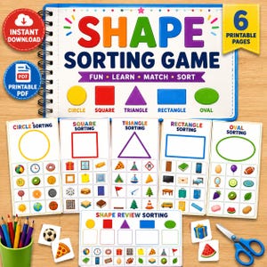 Könnte beinhalten: Ein druckbares Formensortierspiel mit einem spiralgebundenen Aktivitätsbuch mit dem Text SHAPE SORTING GAME, FUN, LEARN, MATCH, SORT und 6 PRINTABLE PAGES. Enthält fünf Sortierkarten für Kreise, Quadrate, Dreiecke, Rechtecke und Ovale.