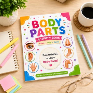 Könnte beinhalten: Ein weißes Aktivitätsbuch mit dem Titel BODY PARTS ACTIVITY BOOK mit buntem Text und Illustrationen von Auge, Ohr, Hand, Nase, Fuß und Knie. Das Cover enthält den Text Learn, Play, Grow und Fun Activities to Learn Body Parts!