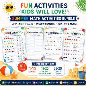 Könnte beinhalten: Ein sommerliches Mathe-Aktivitäten-Paket für Kinder im Alter von 4-7 Jahren. Enthält Arbeitsblätter zum Zählen, Nachzeichnen, fehlende Zahlen und Addition. Das Paket umfasst über 30 Seiten und ist als druckbares PDF verfügbar.