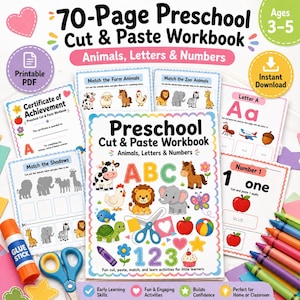 Könnte beinhalten: Ein 70-seitiges Vorschul-Arbeitsheft zum Schneiden und Kleben mit Tieren, Buchstaben und Zahlen. Das Cover zeigt bunte Illustrationen von Tieren, eine Schere und Formen. Das Set enthält verschiedene Übungsblätter, einen Klebestift und eine Schere.