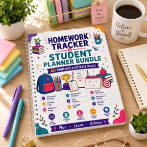 Könnte beinhalten: Ein spiralgebundener Homework Tracker and Student Planner Bundle mit 40 druckbaren und bearbeitbaren Seiten. Das Cover zeigt bunte Illustrationen eines Rucksacks, eines Pokals und eines Kalenders mit dem Text Plan, Learn, Achieve.