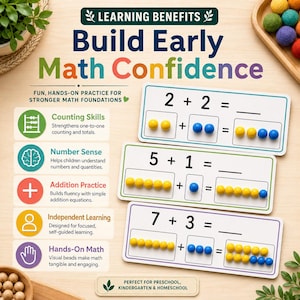 May include: Educational math set featuring three rectangular cards with addition equations and colorful beads. The cards display equations 2+2, 5+1, and 7+3 with corresponding yellow and blue beads for counting. Text includes Learning Benefits and Build Early Math Confidence.