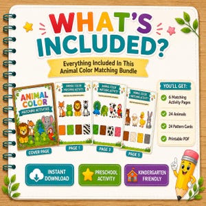 Könnte beinhalten: Ein spiralgebundenes Aktivitätsset mit dem Titel WHAT'S INCLUDED? mit Tierfarben-Zuordnungsseiten. Enthält ein Deckblatt, drei Aktivitätsseiten mit illustrierten Tieren sowie eine Liste mit 6 Aktivitätsseiten, 24 Tieren und 24 Musterkarten.