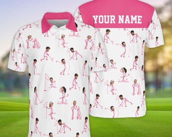 Polo de golf personalizado con cara, camiseta de golf con foto y nombre personalizados, divertida camiseta de golf con figura de palo, regalo de cumpleaños único para golfistas.