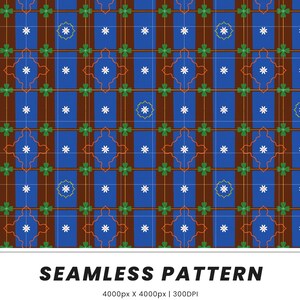 May include: A seamless pattern featuring a grid of blue and brown vertical stripes overlaid with green four-leaf clover shapes, white eight-pointed stars, and thin orange geometric outlines. The text reads SEAMLESS PATTERN 4000px X 4000px | 300DPI JPEG & PNG EVERY DOT ORIGIN.